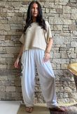 Lindin Linen Blend Crochet Flower Barrel Pant White